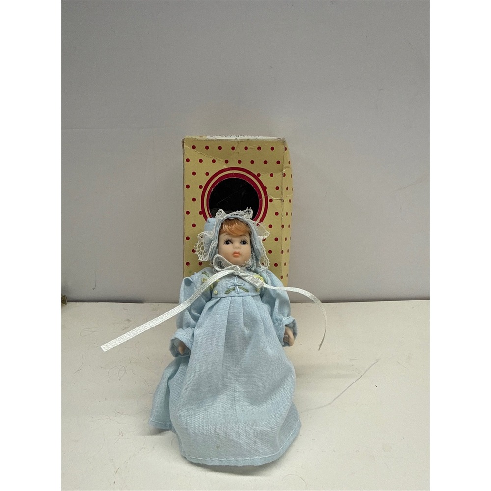 Vintage Miniature Porcelain Doll Blue Lace Dress Bonnet Original Box 6 inch